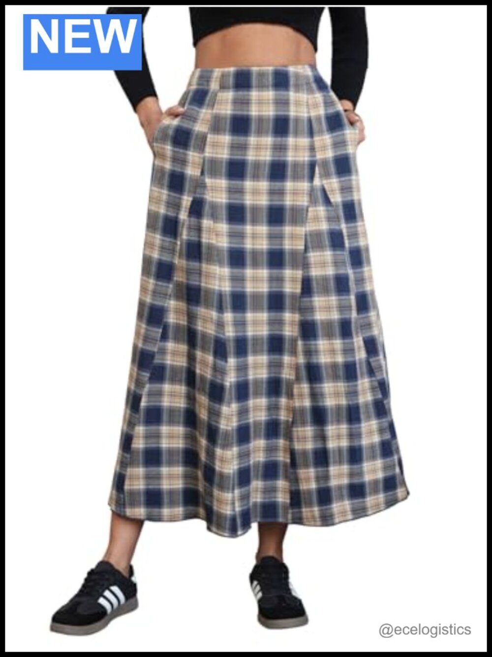 High Waist A-Line Pleated Maxi Skirt with Pockets - Flannel Plaid Fall Winter
